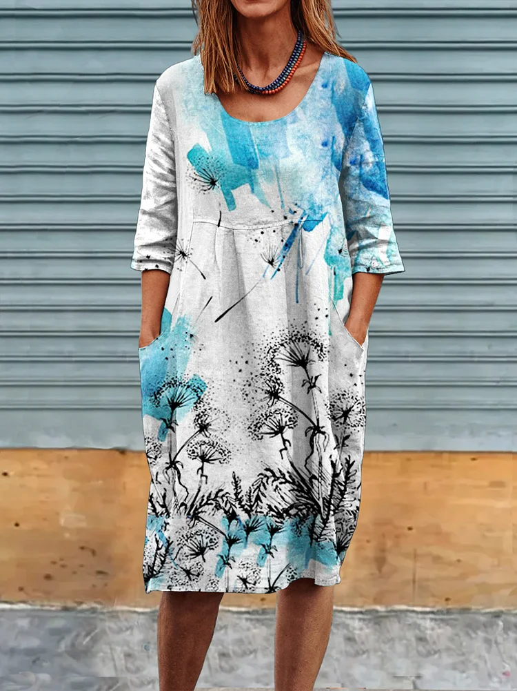 Women's Dandelion Art Print  Linen Pocket Tunic Casual  Dress socialshop
