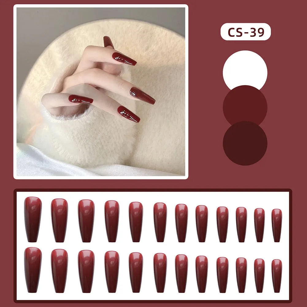 24pcs/Set Gorgeous Wine Red False Nails With Glue Middle Long Round Head Full Nail Tips Finished Fake Nail artificial nails-Nail Inspo