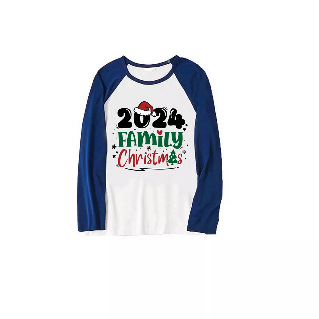 Cute "Family Christmas 2024" Text Print Blue & Black Plaid Christmas Family Matching Pajamas