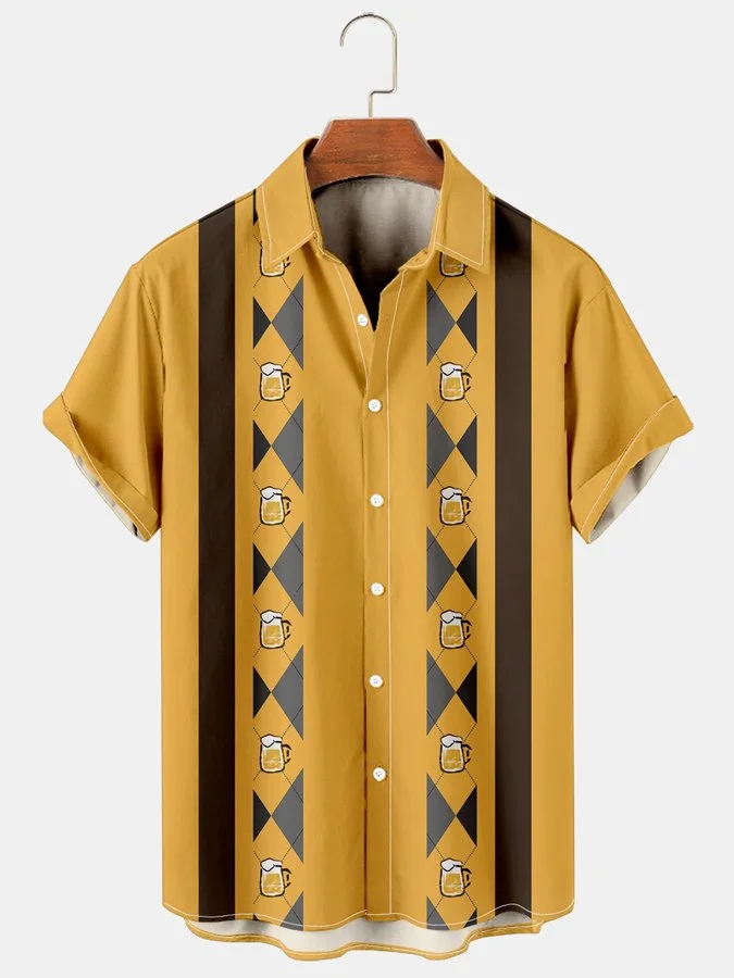 Men's Holiday Casual Beer Bowling Graphic Print Hawaiian Shirt