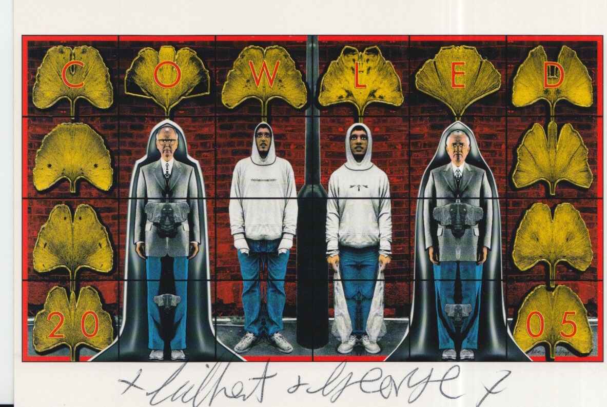 GILBERT AND GEORGE HAND SIGNED 6X4 POSTCARD COWLED.