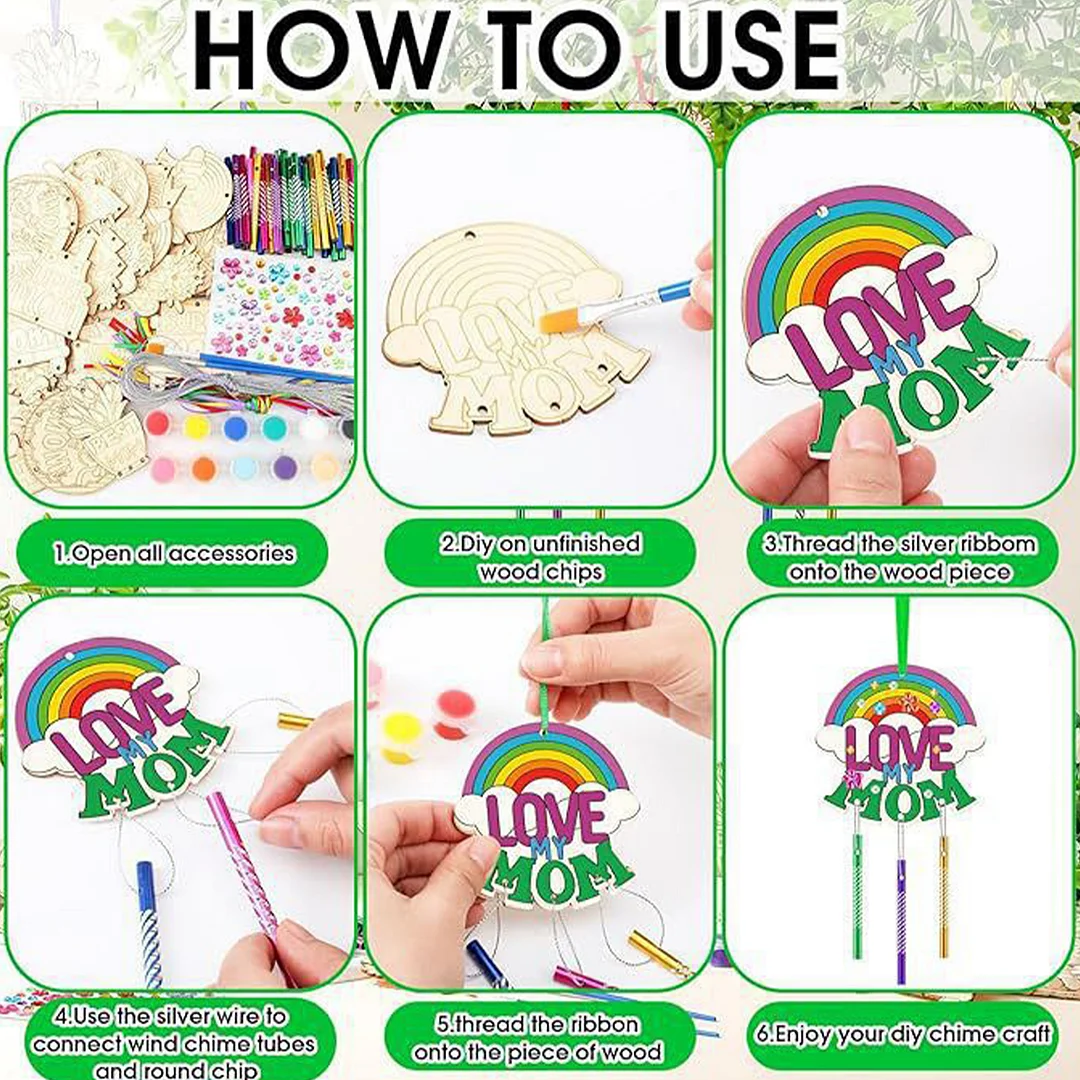 Mothers Day DIY Oil Painting Wind Chimes Wood  Chime Ornament Drawing Spring Craft Pendants for Beginners Adults Gift Home Wall Decor (Wind Chimes A)
