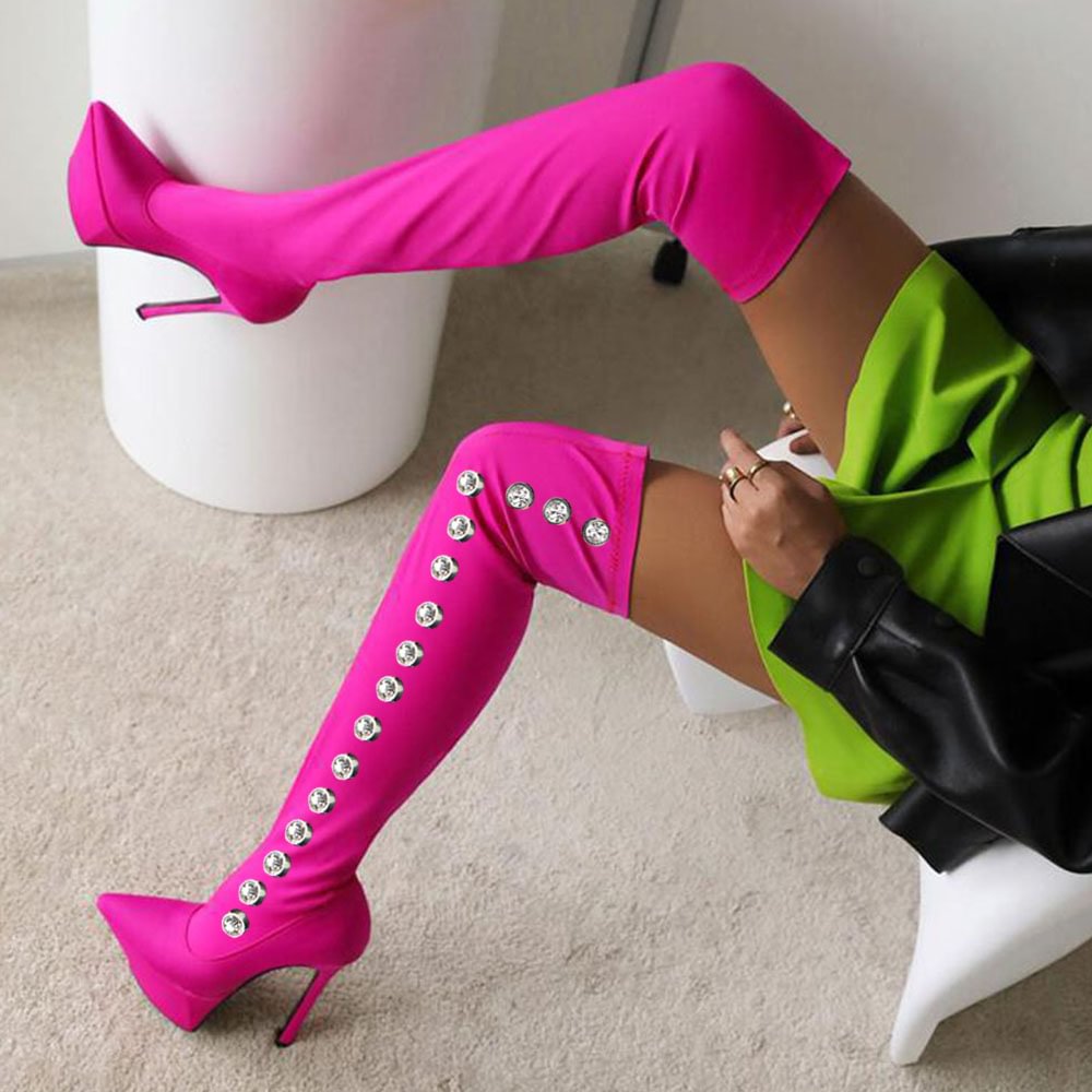 Leather Over The Knee Boots Fuchsia Stiletto Heels With Platform