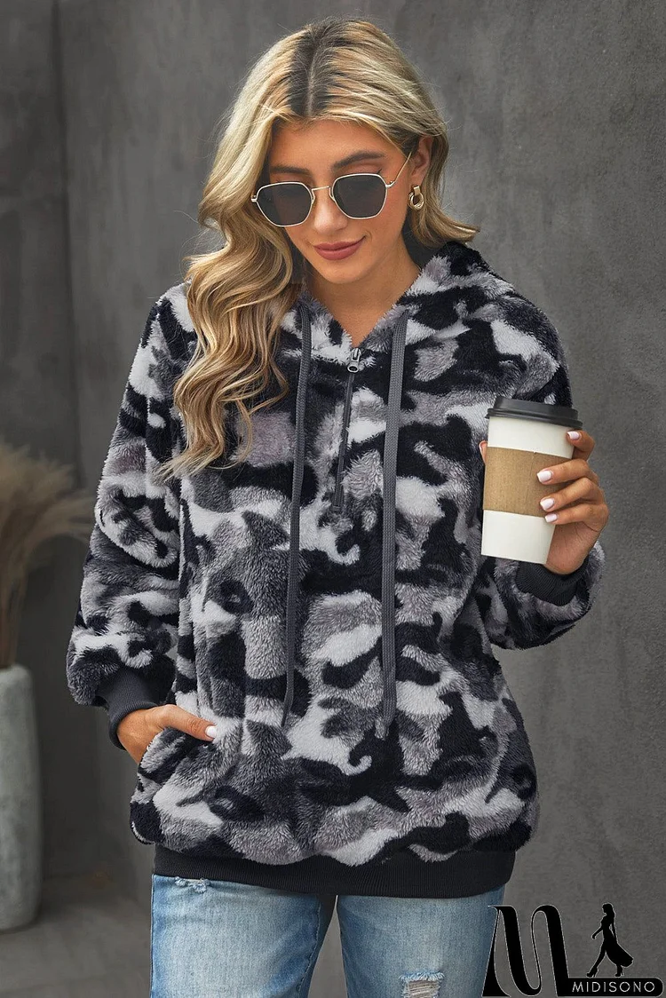 Winter Women's Gray Camo Print Warm Furry Pullover Hoodie