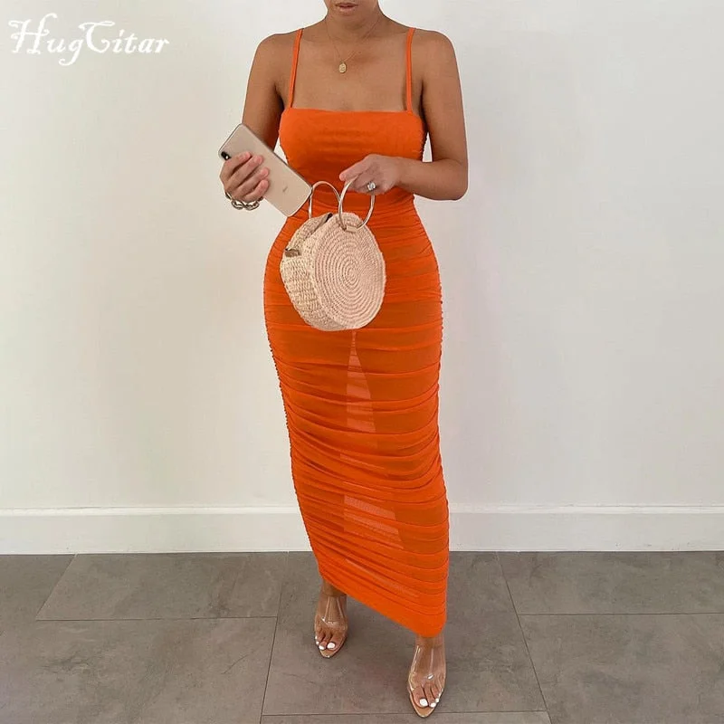 Hugcitar 2021 Sleeveless Straps Pleat See-Through Slash Neck Bodycon Solid Dress Summer Sexy Women Streetwear Y2K Party Club