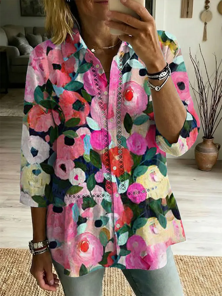 Women's Retro Floral Print Casual Cutout Embroidered Shirt