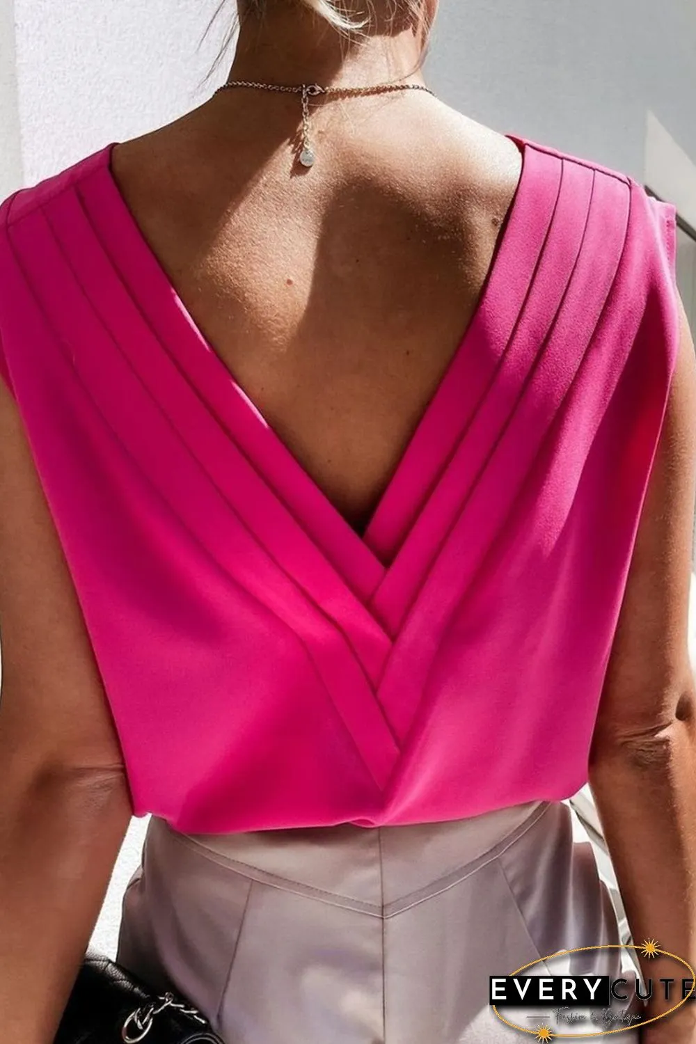 Rose V Neck Pleated Backless Cap Sleeve Top