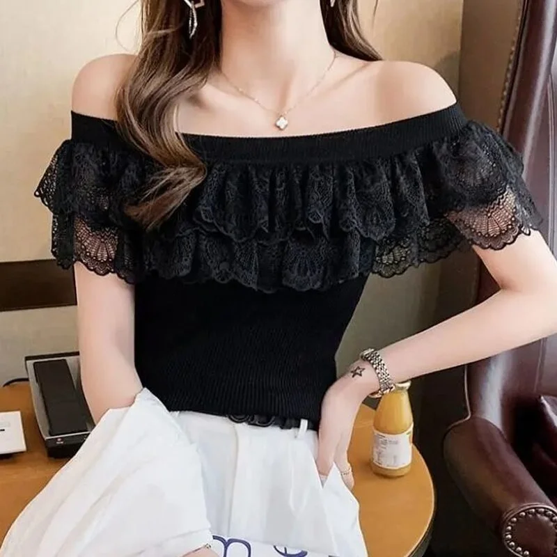 Jangj Gauze Patchwork Short Sleeve Slash Neck Off Shoulder Sexy Causal T-shirts Summer Slim Solid Color Women's Clothing 2022