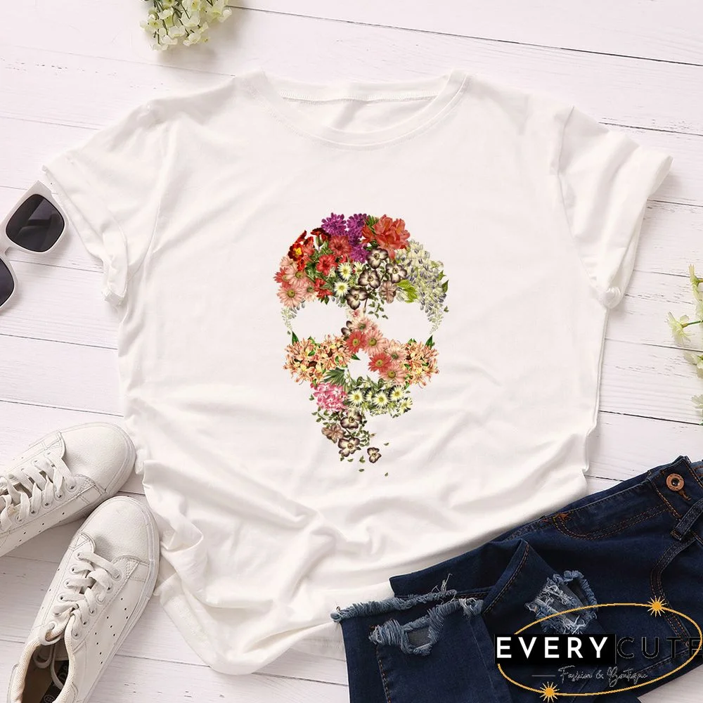 White Floral Skull Print Cotton Tees