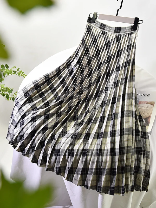 Casual A-Line Pleated Checkered Skirts