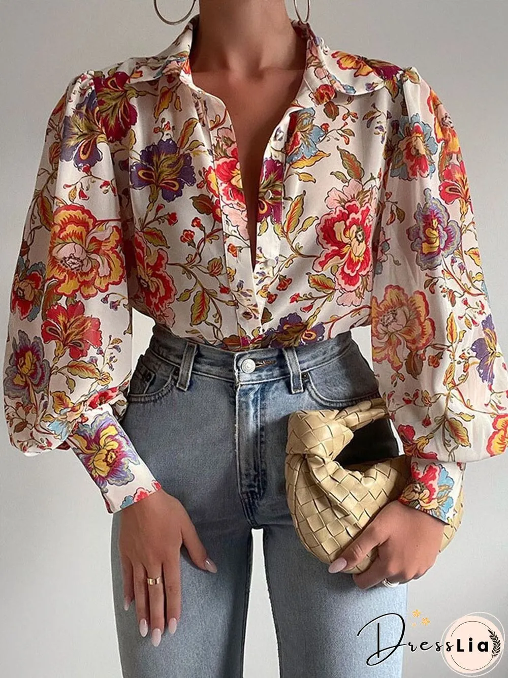 Fashion Retro Printed Pattern Button Blouses Tops Women Spring Commute Blusas Mujer New