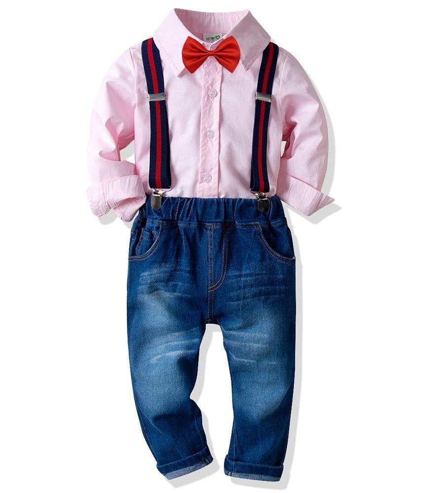 Buzzdaisy Pink Bow Tie Cotton Shirt And Suspender Jeans Boys Outfit Set