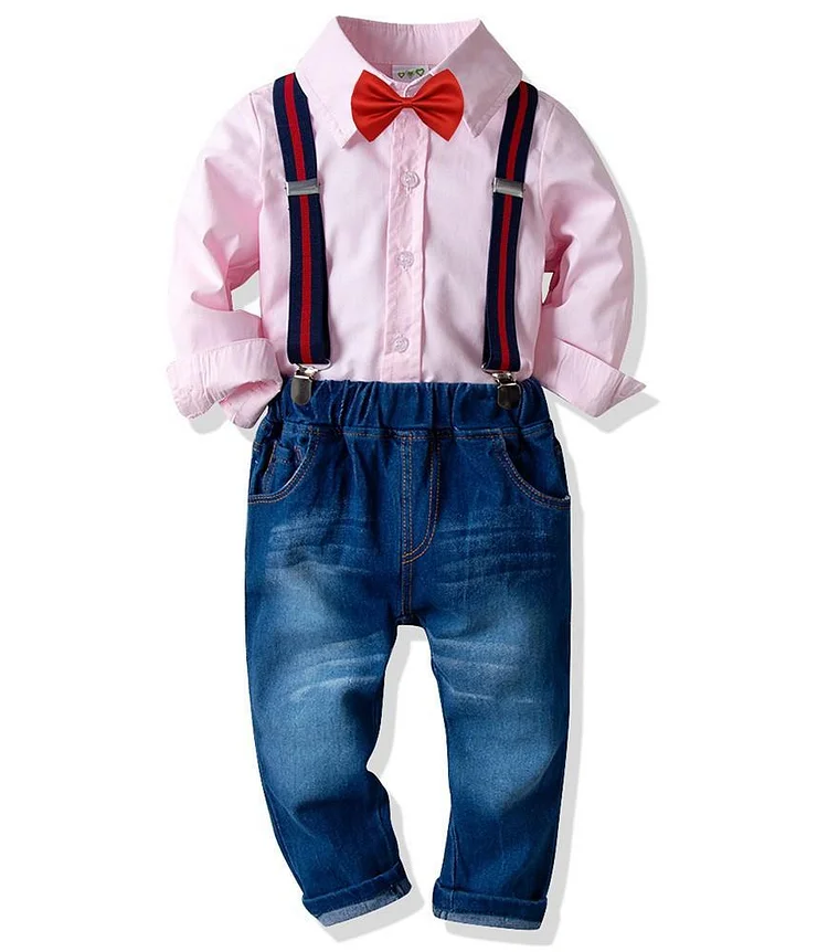 Pink Bow Tie Cotton Shirt And Suspender Jeans Boys Outfit Set-Mayoulove