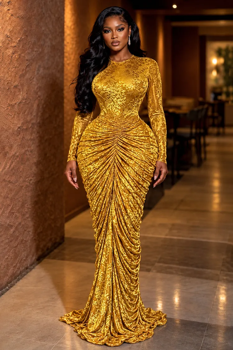 gold velvet long sleeve dress Round Neck Burnout Ruched Maxi Dresses-Gold [Pre Order] Romper