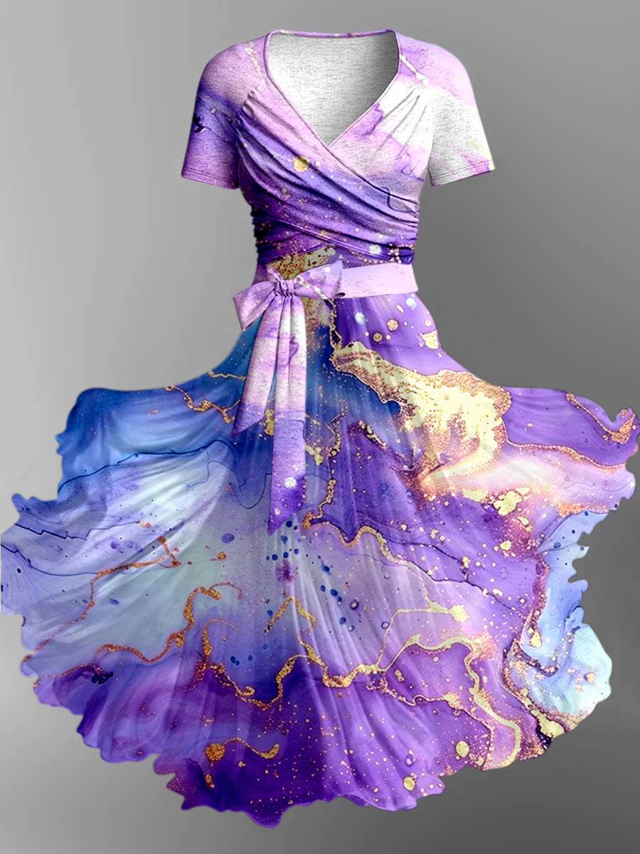 Fantasy Abstract Color Print Vintage V-Neck Short Sleeve Two-Piece Midi Dress