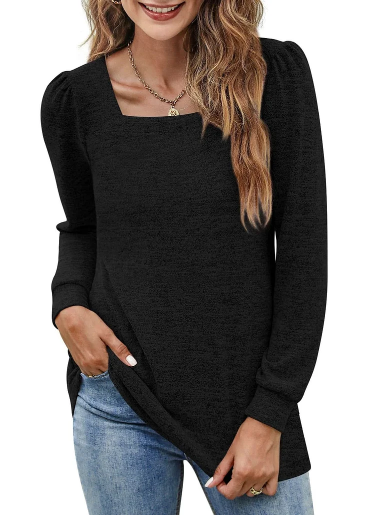Womens Blouses U Neck Puff Sleeve Casual Blouse Top