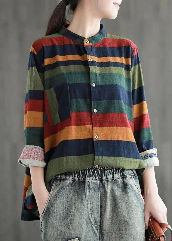 Unique Colorblock Stand Collar low high design button Striped Shirts Long Sleeve