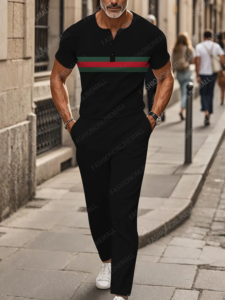 Men's casual striped short sleeved pants set