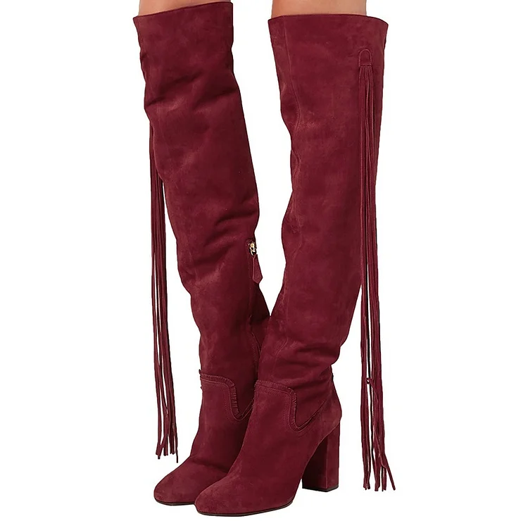 Maroon Fringe Suede Boots Chunky Heel Round Toe Knee High Boots |FSJ Shoes