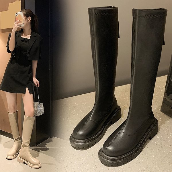 Women FaShion Knee High Slim Boots Round Toe Wedge Middle Tube Boots Winter Low Heel Leather Boots Mid-calf Cowboy Boots Mujer - Shop Trendy Women's Clothing | LoverChic