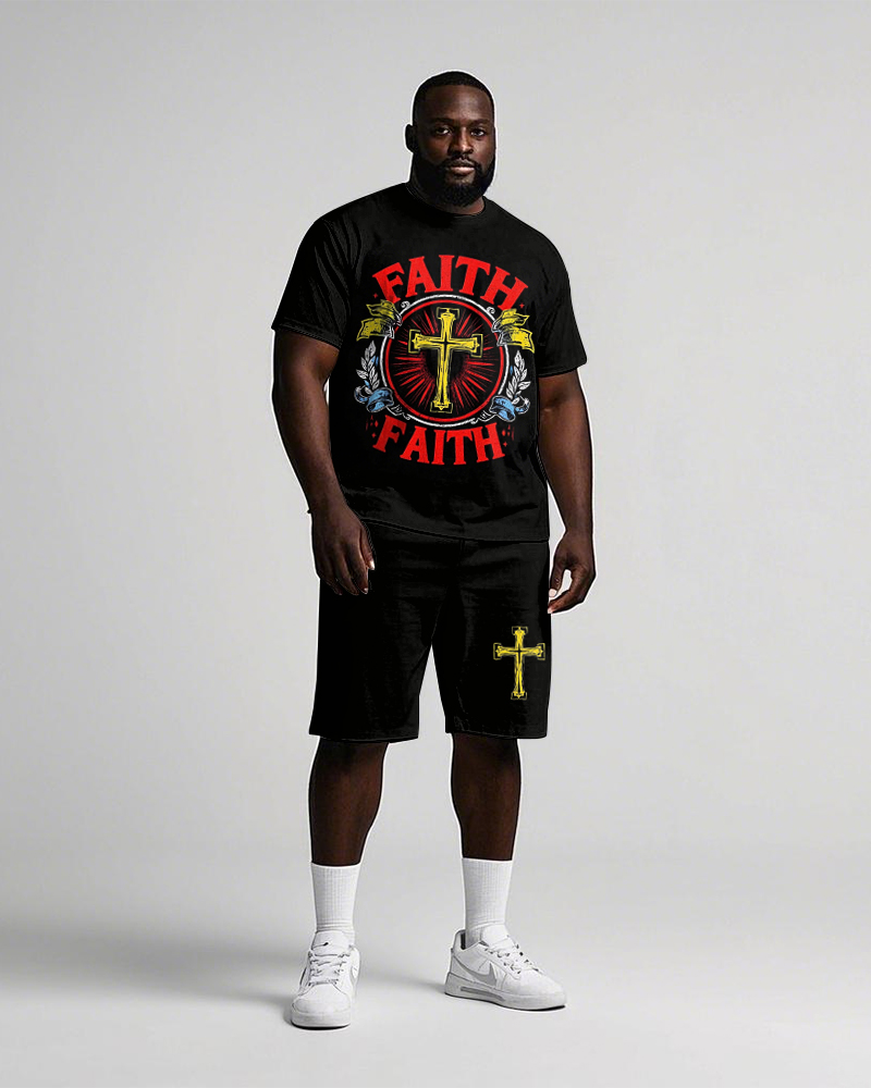 Big Men's Abstract FAITH Floral Cross Printed Casual Short Sleeve T-shirt Shorts Set