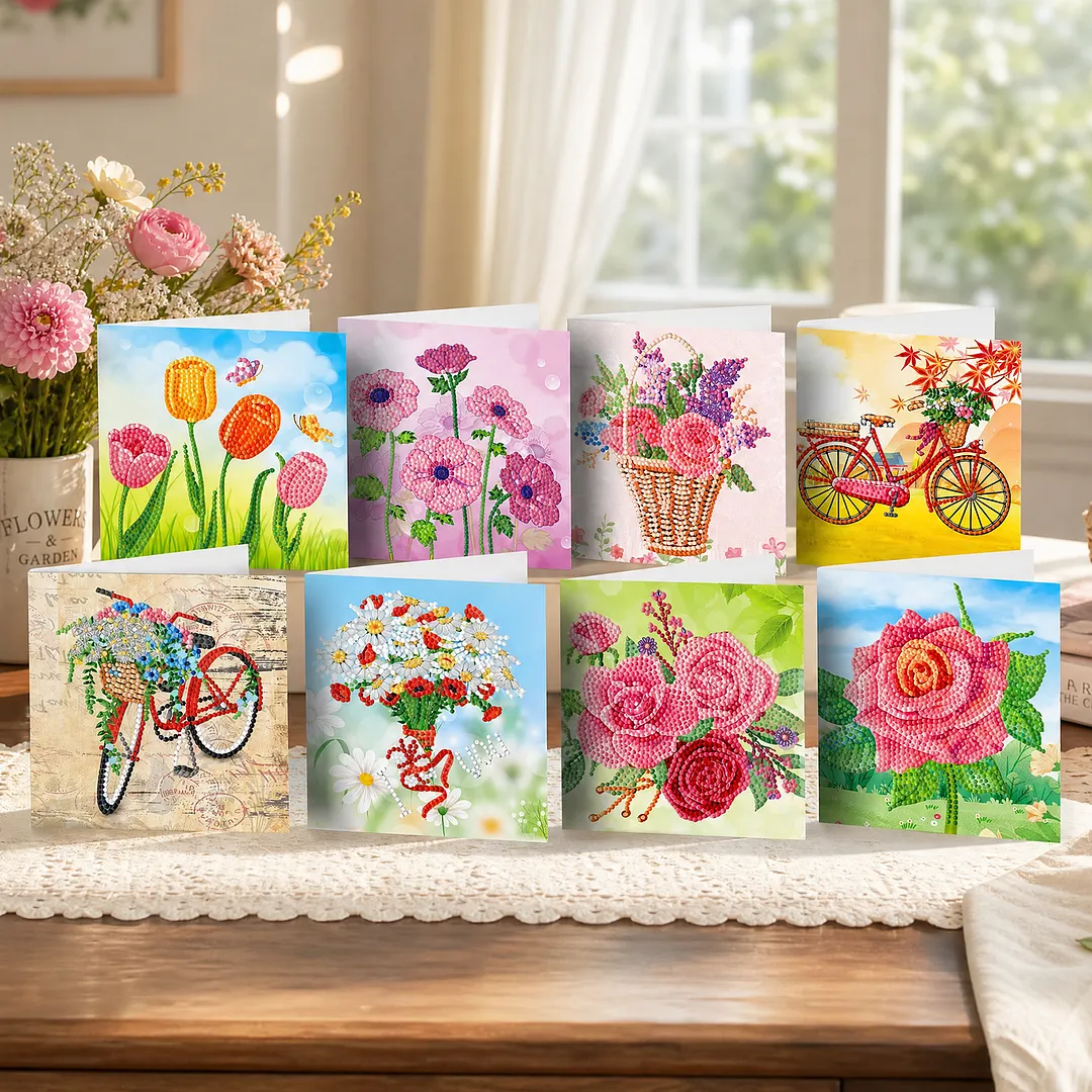 8PCS Flowers DIY Diamond Painting Greeting Card Kits with Envelopes Diamond Art Greeting Cards Diamond Art Cards Kits for Adults DIY Crafts Family Friend Gifts