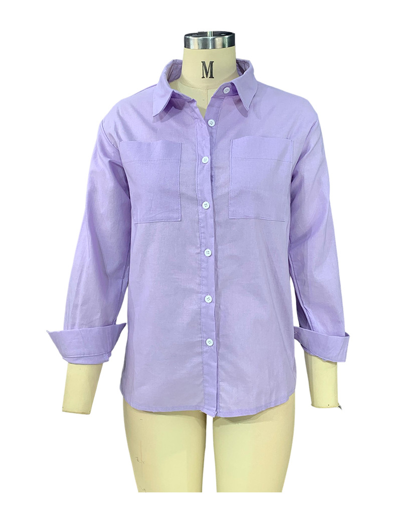 Women's Autumn Solid Color Long Sleeve Collared Cotton Linen Blouse - Ootddress