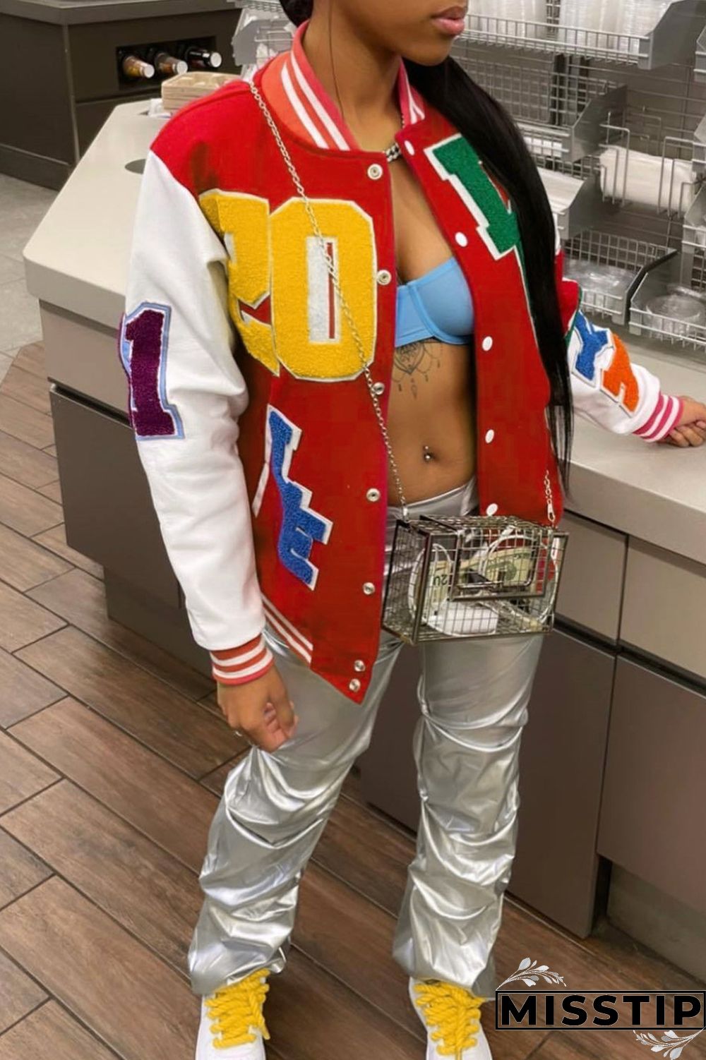 Blue Casual Letter Patchwork Contrast Turn-back Collar Outerwear