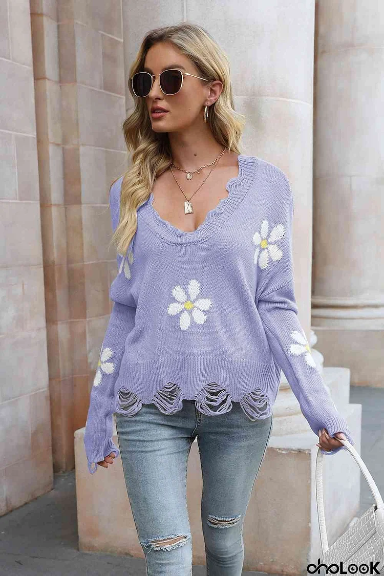 Flower Distressed Long Sleeve Sweater