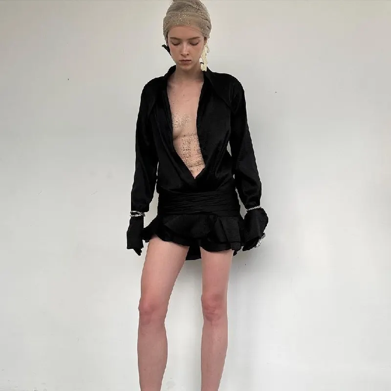 Uveng Uveng 2023 Women's New Sexy Horn Sleeve Long Sleeve Shirt Flounce Slit Skirt Suit