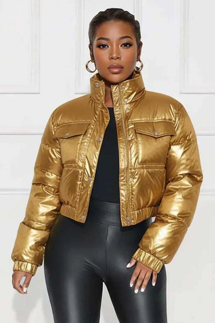 High Neck Flap Pocket Zip-Up Crop Metallic Puff Jacket-Gold