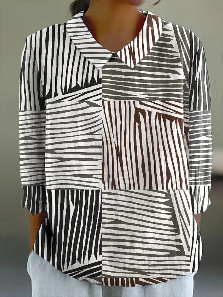 Women's Vintage Geometric lines Art Print Casual Cotton And Linen 3/4 Sleeve Shirt