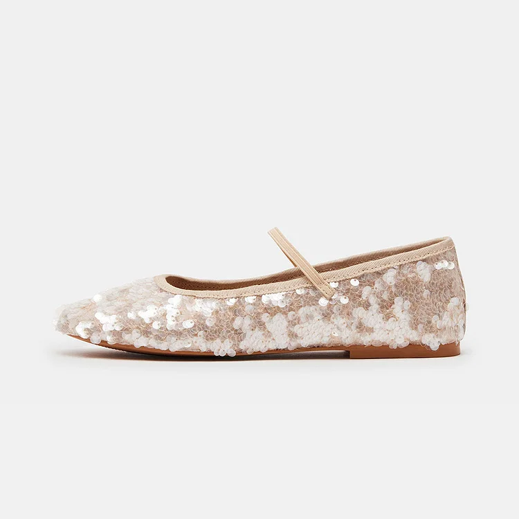 Women's Nude Sequin Round Toe Ballet Flats with Elastic Strap |FSJ Shoes