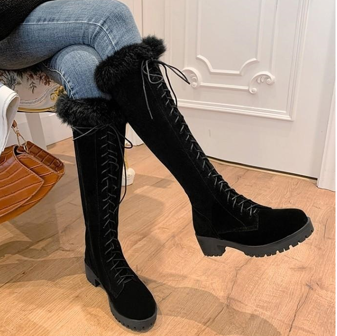 Women Chunky Heel Knee High Faux Fur Winter Lace Up Boots