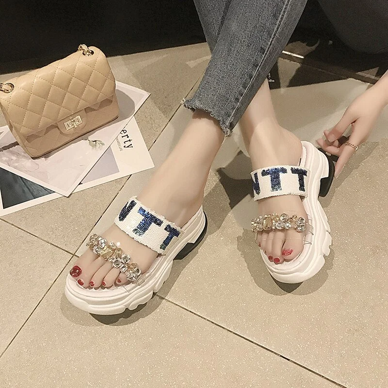 Lucyever New Summer Sandals Fashion Crystal Flat Heels Shoes Slingback Ladies Platform Shoes Woman Rhinestoe Beach Slides 2020