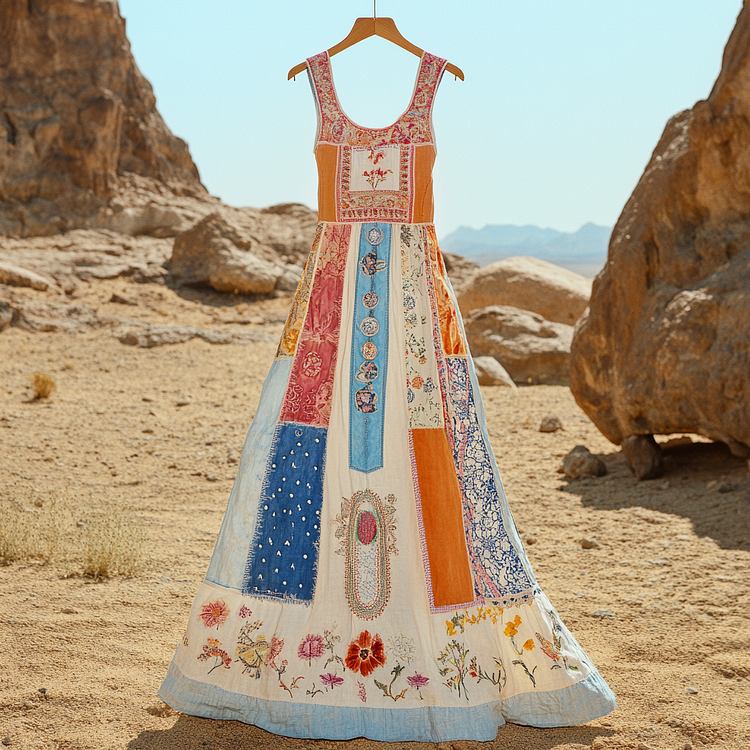 Women's Vintage Tribal Floral Patch Cotton And Linen Dress
