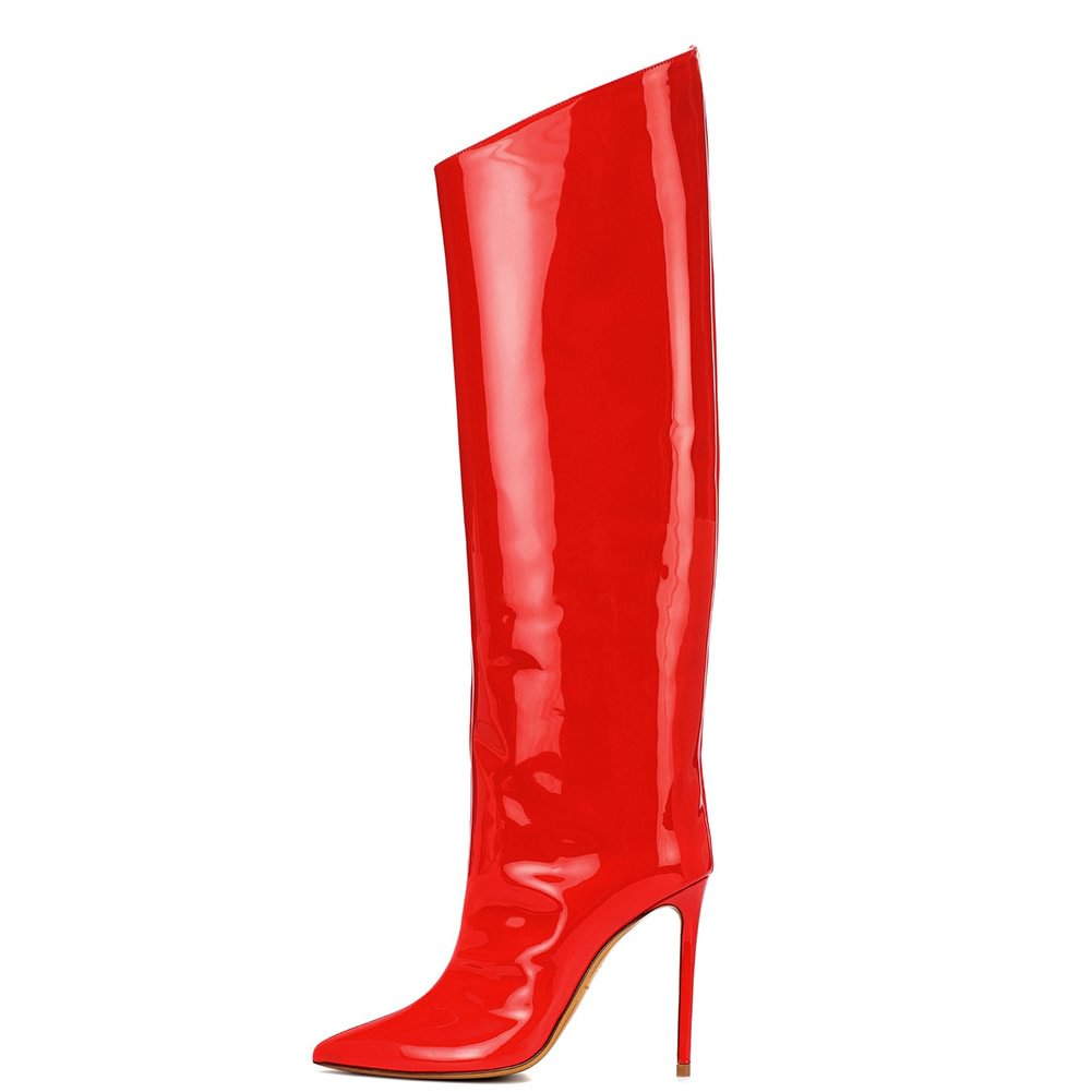 Women's Plus Size Sexy Gorgeous Red Shiny Patent Bright Leather Stiletto Heel Pointed Toe Knee High Heel Boots wide-Calf Dress Boots Novameme