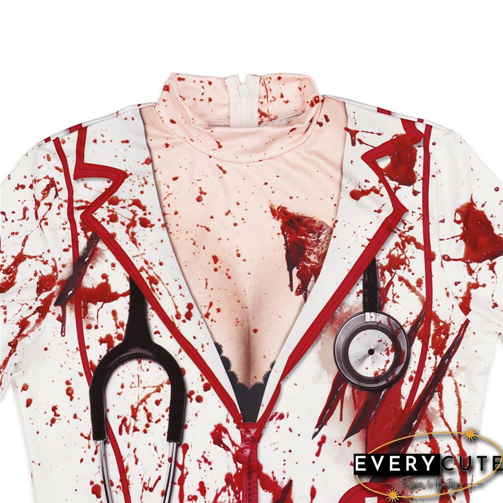 Women Halloween Dress Sexy Bloody Print Long Sleeve Mini Bodycon Dress Emo Girl Gothic Clothes Holiday Party Dresses