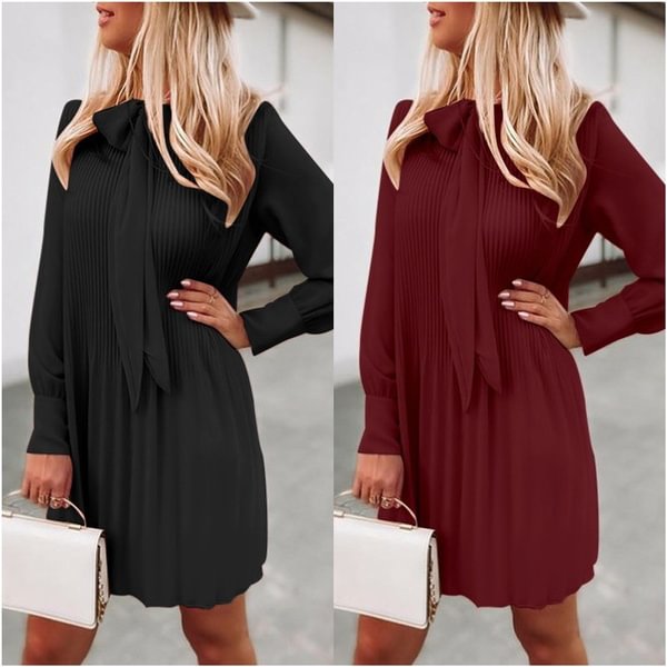 S-5XL Ladies Elegant Short Dress Spring Autumn Long Sleeve With Bow Tie Party Casual Pleated Mini Dresses - Shop Trendy Women's Clothing | LoverChic