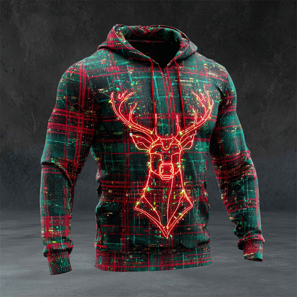 Glowing Christmas Elk & Plaid Art Men's Hooded Sweatshirt elevenforest