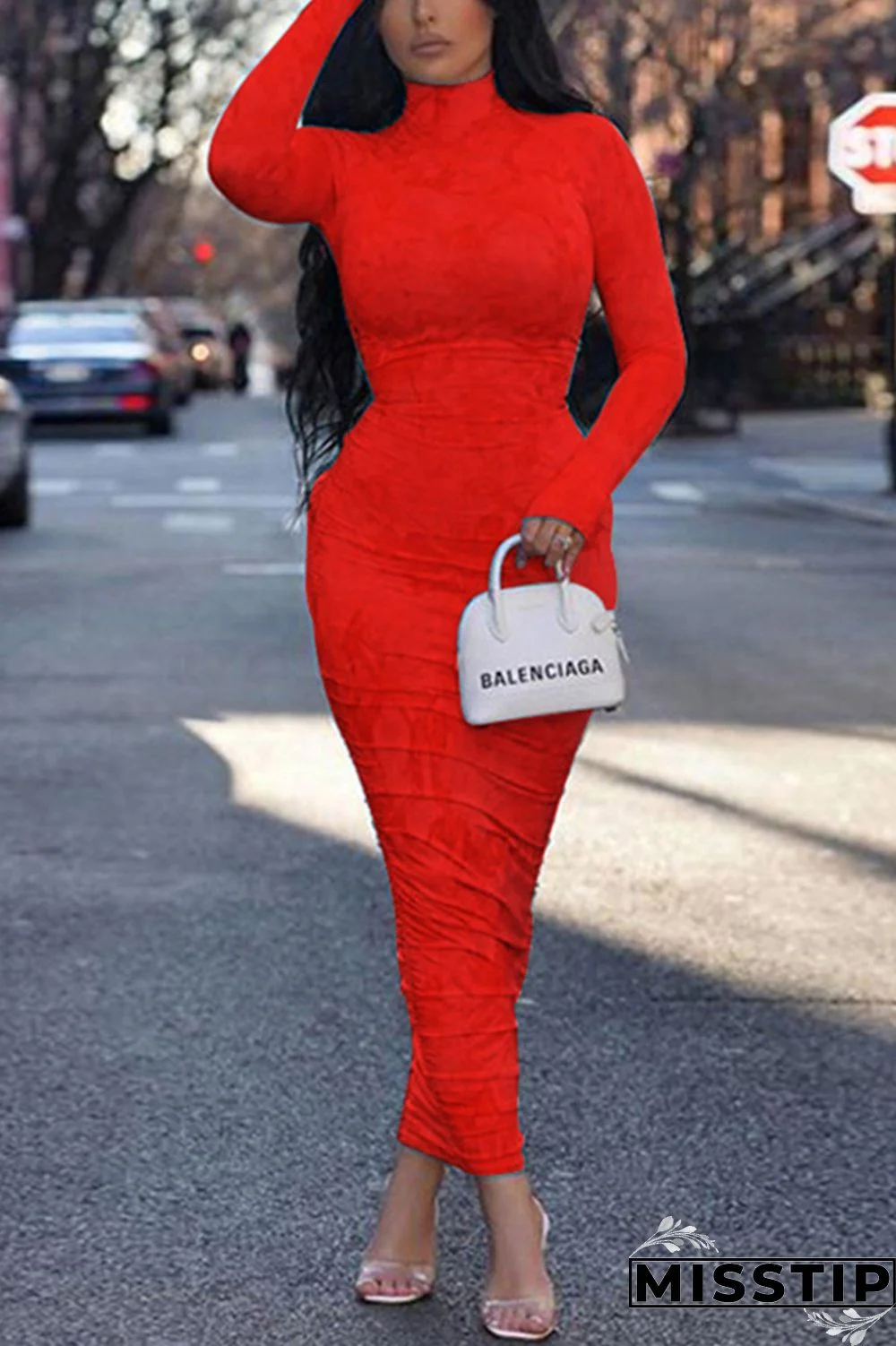 Red Fashion Sexy Print Turtleneck Dress