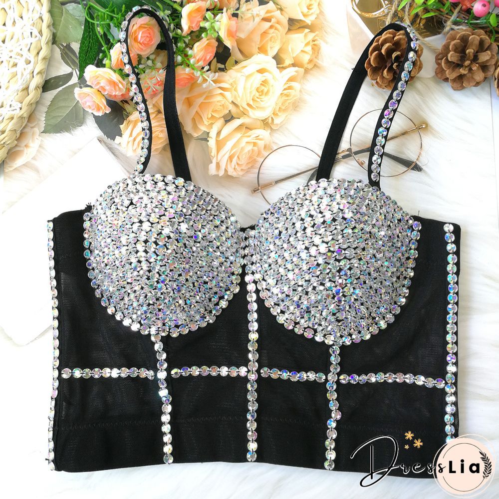 Multi Color Diamantes Women Sexy Push Up Crop Top Shiny Corset Bustier Camisole Nightclub Dance Camgirl Vest Black Nude