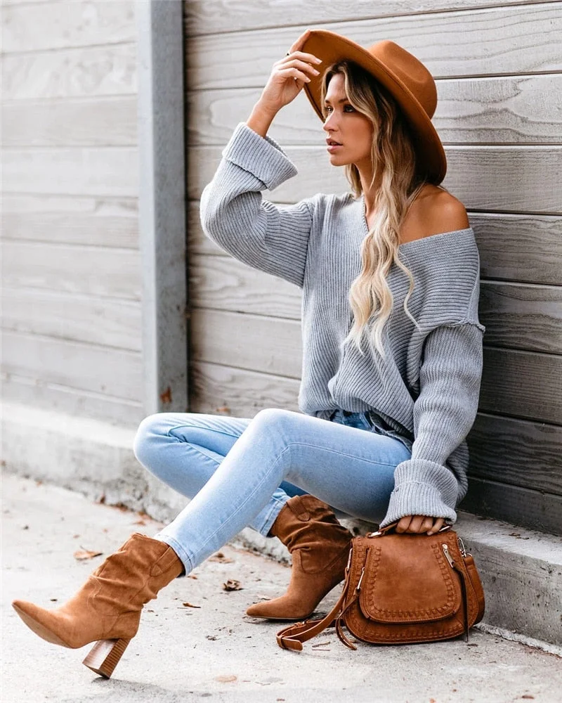 Fitshinling Roll Sleeve V Neck Woman Jumper Sweaters Knitwear Solid Slim Autumn Winter Clothing Basic Top Knitted Jumper Sale