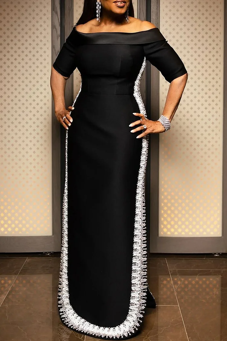 Plus Size Formal Black Elegant Off The Shoulder Short Sleeve Split Satin Maxi Dresses [Pre-Order]