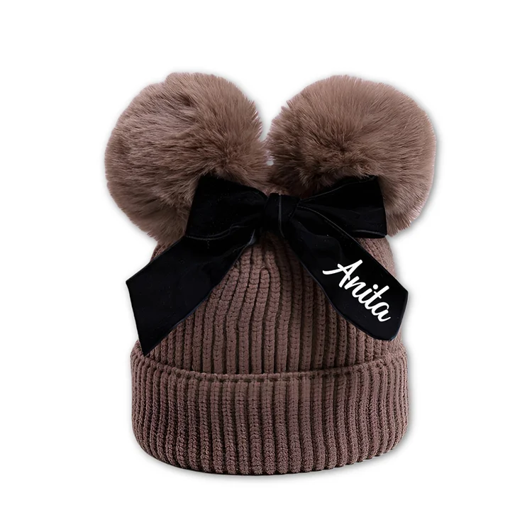 Custom Baby Beanie Hats, Personalized Name Double Bobble Knit Hat with Bow for Boys & Girls &ndash; Soft Warm Infant Toddler Winter Hat, Beanie Babies Cap Dark Brown