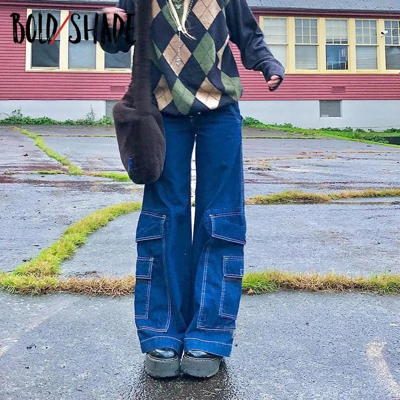 Bold Shade Street Style Indie Boyfriend Baggy Pants 90s Vintage Y2k Pockets Wide Legs Jeans Unicolor Women High Waist Trousers
