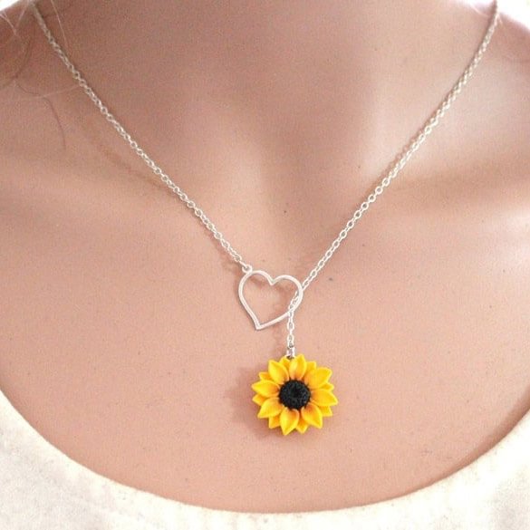Sunflower Heart Lariat Necklace, Yellow Wedding, Sunflower Flower Necklace, Bridal Flowers, Sunflower Bridesmaid Necklace