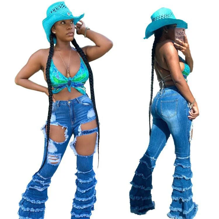 Women's 2023 Fashion Big Hole Ripped Washed Micro Flared Jeans