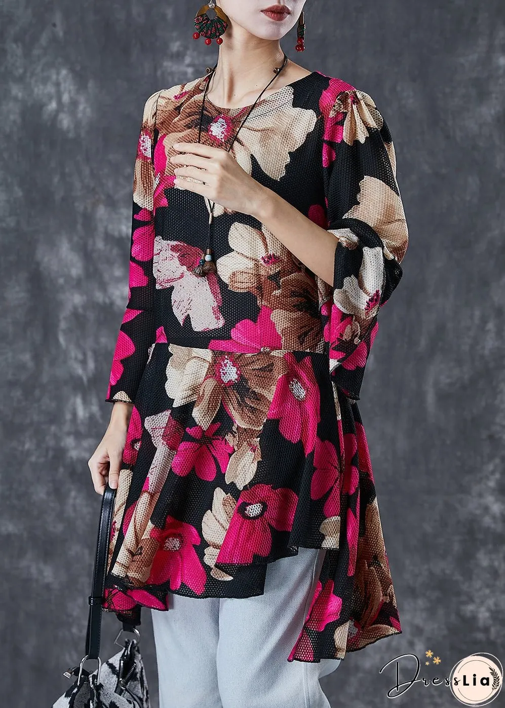 Stylish Red Print Asymmetrical Design Tulle Blouses Flare Sleeve