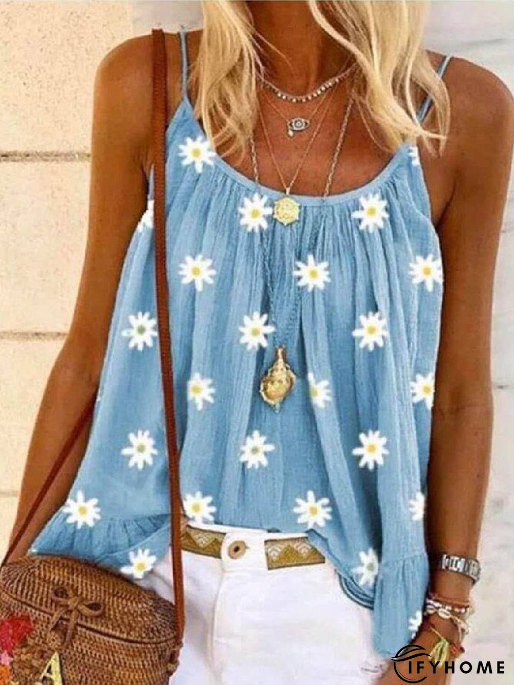Sleeveless Floral-Print Casual Spaghetti T-shirt | IFYHOME